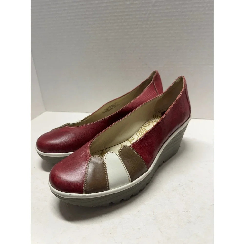 Fly London Yasi Red Leather Colorblock Wedge Pumps P500623001 40 9